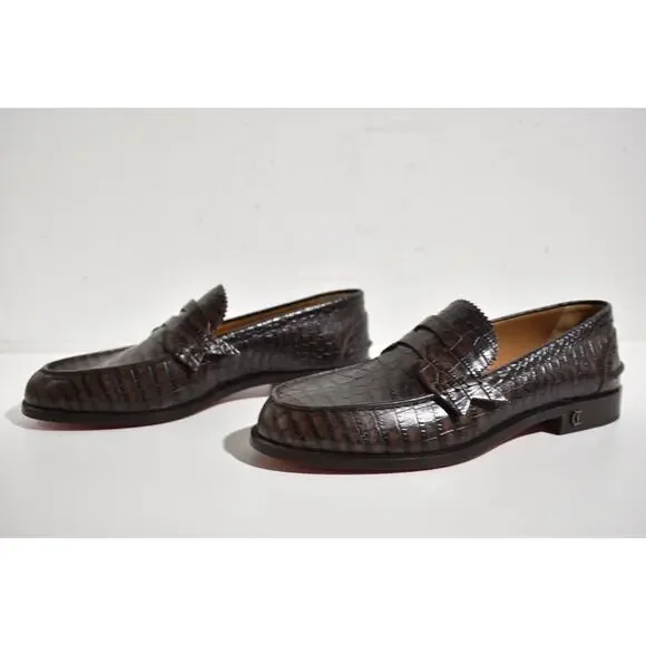 Christian Louboutin No Penny Flat Brown Expresso Croc Leather Dress Loafer 41 8